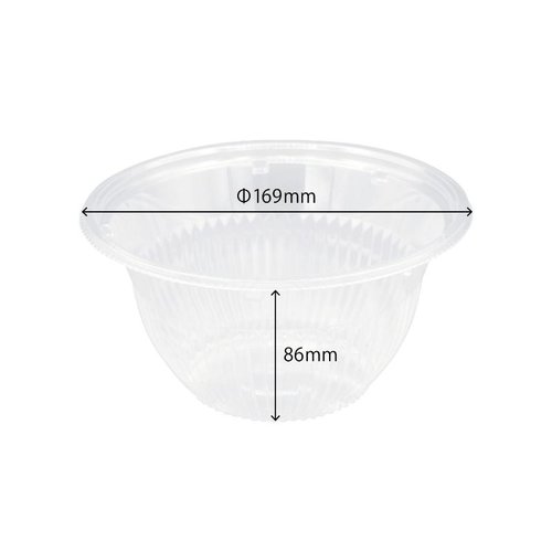 冷麺容器 バイオ BOWL本体(M) TN リスパック 透明な容器が横向きに置かれ、底には凹みがある様子