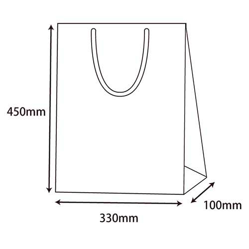 手提げ紙袋（青 ツヤあり・PP紐・幅330×マチ100×高さ450mm） 光沢のある青い紙袋がやや斜めに立ち、PP紐の持ち手が上に伸びている様子