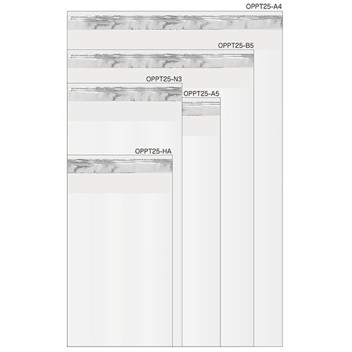 OPP袋 テープ付 はがき110×160+40mm0.025mm厚 1パック(100枚) 透明な袋が開いている様子で、テープ部分が明示されている状態