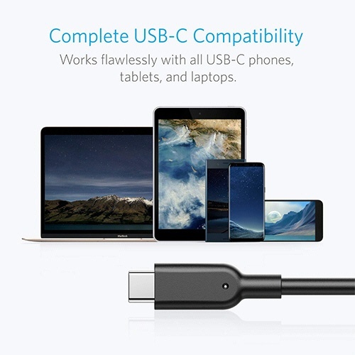 ANKER　PowerLine　II　USB-C&USB-A　ケーブル(USB3.1　Gen2対応)　0.9m　ブラック　1本 ケーブルが床に置かれ、平らに広がっている状態