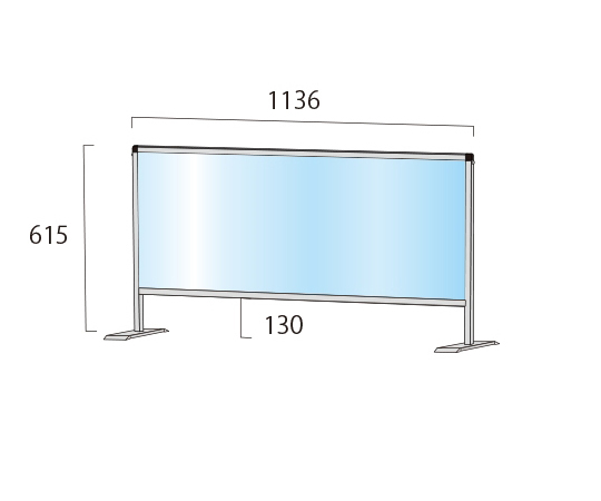 ブラックパーテーションスタンド　450×1100mm　（塩ビ仕様） 透明なパーテーションスタンドが正面から見える状態、背景には壁が写り込んでいる。