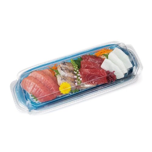 刺身容器 バイオ 華ノ枠 32-12B ゆう箔銀 リスパック 透明な容器に盛り付けられた刺身の美しい彩りと鮮度が際立つ様子