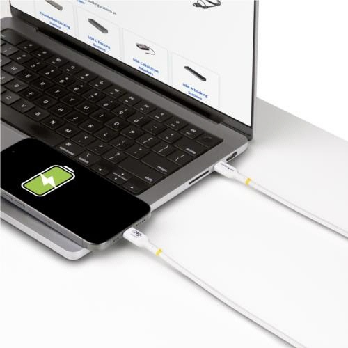 USB-C充電ケーブル　4m　オス・オス　ホワイト　1本 白い長いケーブルが床に広がっている様子