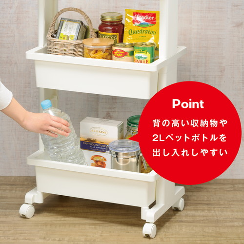 キッチンワゴン　テーブルワゴン3段プラス 全体が鮮やかなカラーで統一された3段のワゴンが正面から見える状態