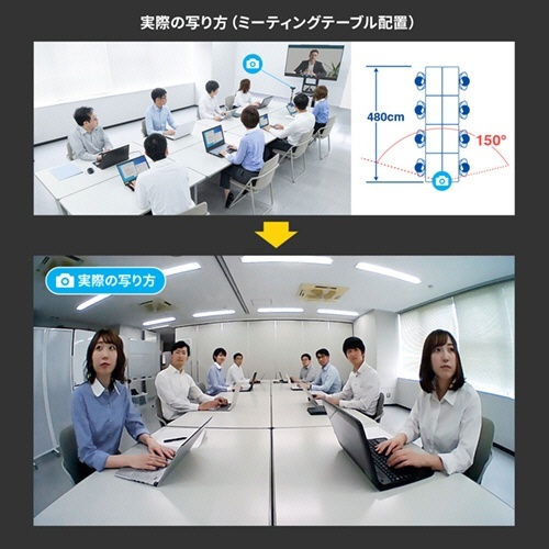 会議用ワイドレンズカメラ　ブラック　1台 黒いボディが目を引く、前面に広いレンズが取り付けられた状態