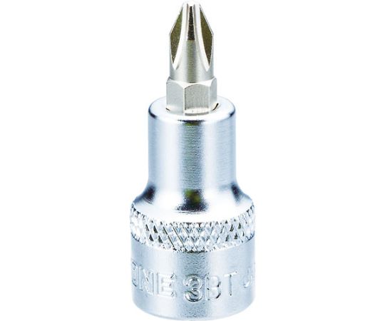 ソケットビットアダプター ビットホルダーソケット 差込角9.5mm 二面幅寸法6.35mm 金属製の円筒形で、一端が差し込み口、もう一端がビットホルダーとなっている様子