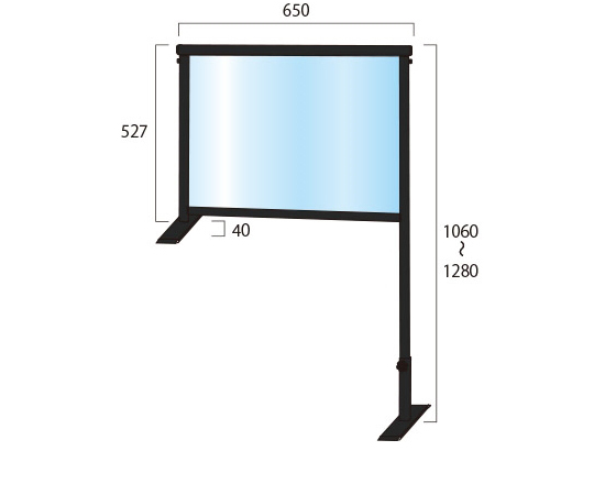 ブラックカウンターパーテーション　450×600mm　（塩ビ仕様） 黒いパーテーションが上部に透明な窓を持ち、安定した台座に固定されている様子