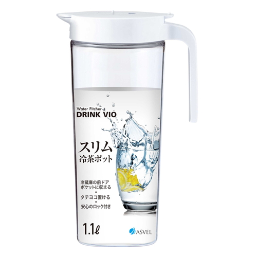 冷水筒 1.1L 麦茶ポット ピッチャー お茶ポット ドリンクビオ 横置き 耐熱 ワンプッシュ プラスチック ホワイト画像
