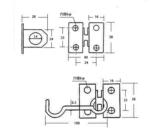キャビンフック　100mm 金属製のフックが正面から見える状態で、取り付け用の穴が開いている
