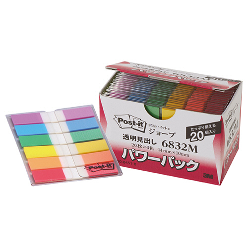 ﾎﾟｽﾄ･ｲｯﾄ ｼﾞｮｰﾌﾞ ﾊﾟﾜｰﾊﾟｯｸ 透明見出し 44×10mm 6色×20ﾊﾟｯｸ 1箱画像