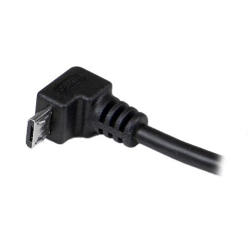 USB2.0-マイクロUSBケーブル　L型下向き　2m　Type　A(オス)-Micro　B(オス)　ブラック　1本 コネクタが下向きのL型で、柔軟に曲がる状態のケーブルが見える。