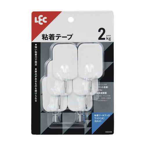 フック　粘着ツールフック　ワイド　大　6個入り　耐荷重2kg 複数のフックが並んだパッケージの側面が見える状態