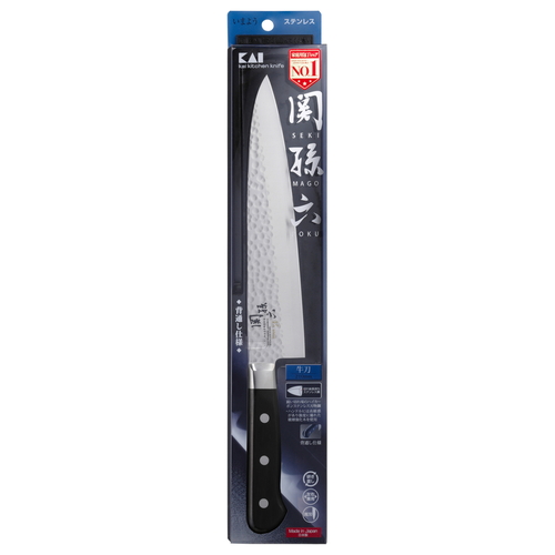 牛刀包丁　関孫六　いまよう　牛刀210mm　000AB5460 切っ先が鋭利で、ハンドル部分が美しい木目の包丁が見える状態