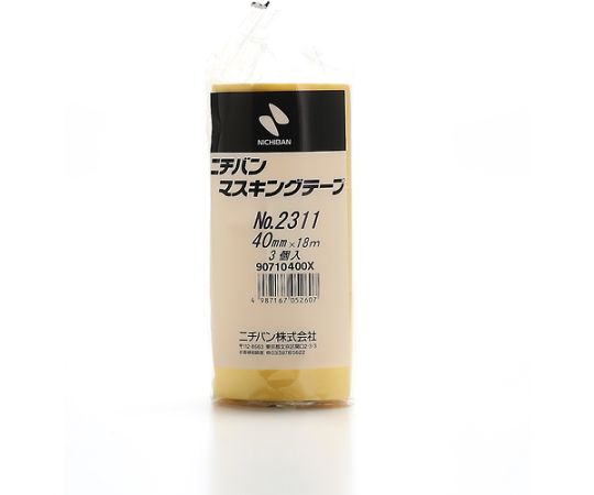 マスキングテープ 2311H 40mm×18m（3巻入り） パッケージが斜めの角度から見える状態で、カラーリングが際立つデザイン
