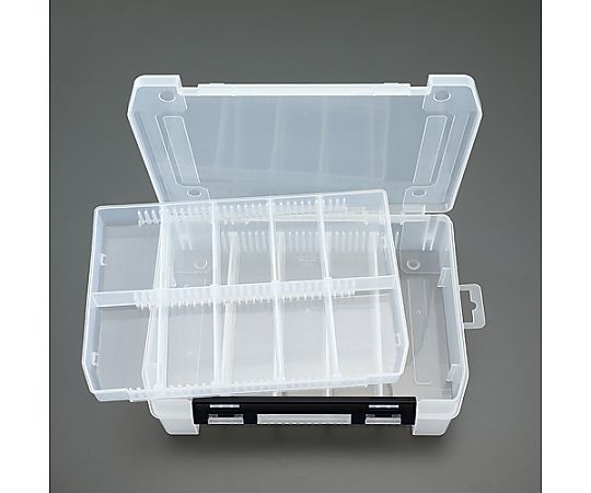 255x190x 60mm パーツケース(中皿付/仕切板4枚) 透明なケースに仕切板が収められている様子