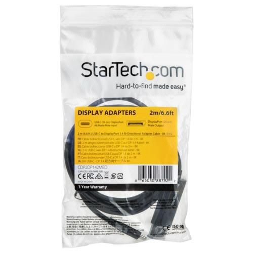 USB　TypeC-DisplayPort　1.4変換ケーブル　2m　ブラック　1本 ケーブルが直線的に伸びている状態で、コネクタ部分が鮮明に見える。
