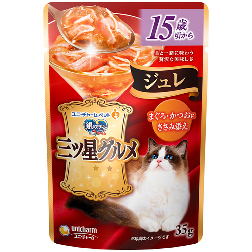銀のｽﾌﾟｰﾝ三ﾂ星ｸﾞﾙﾒﾊﾟｳﾁ ｼﾞｭﾚ15歳- まぐろかつおささみ35g 1ｾｯﾄ(16ﾊﾟｯｸ)画像