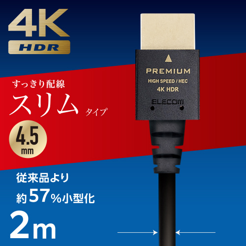HDMIケーブル 2m 4K 60Hz スリム 黒 真上から撮影されたスリムな黒色のケーブル、端子部分が鮮明に見える状態