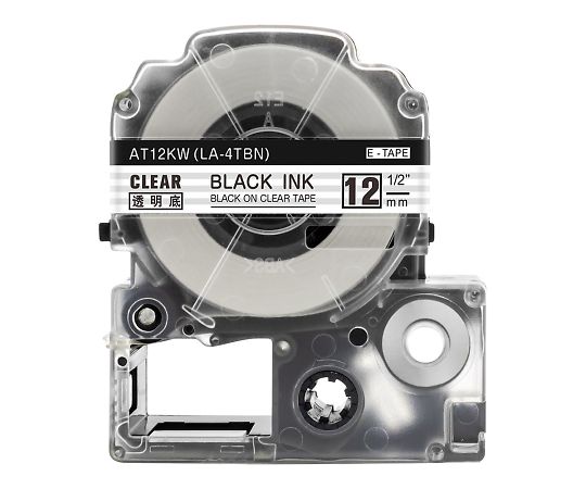 テープカートリッジ　クリアー　12mm 透明なパッケージに収められたカートリッジが正面を向いている様子