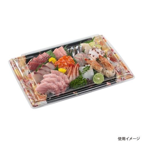 刺身容器 Sステージ35-24-1盛台 はな帯赤 エフピコ 透明な容器の上に赤い帯が施され、刺身が盛り付けられた状態