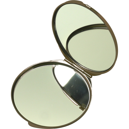手鏡　ルソイーユ　両面コンパクトミラー　スコティッシュストレート 磨かれた金色の枠に囲まれた、両面鏡の横向きの姿