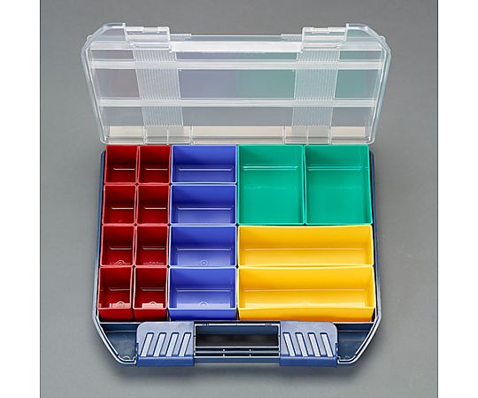 424x375x72mm パーツケース 透明なパーツが収納されたケースの側面が見える状態