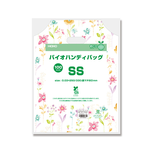 HEIKO 手抜き (小判抜き)ポリ袋 バイオハンディバッグ SS フラワーアラカルト 100枚 複数枚が重ねられ、花柄プリントと小判抜きハンドルがはっきり見える状態