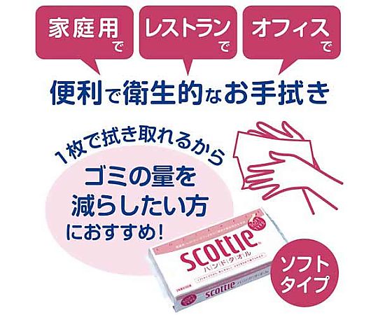 スコッティハンドタオル 100W×60個 パッケージが横向きで、色鮮やかなデザインが見える状態
