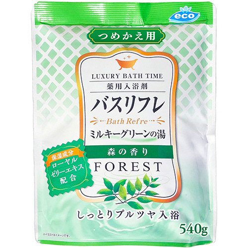 薬用入浴剤ﾊﾞｽﾘﾌﾚ ﾐﾙｷｰｸﾞﾘｰﾝの湯 森の香り つめかえ用 540g 1ﾊﾟｯｸ画像