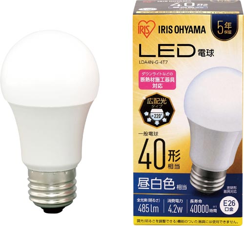 ＬＥＤ電球　Ｅ２６　広配光　４０形相当　昼白色画像