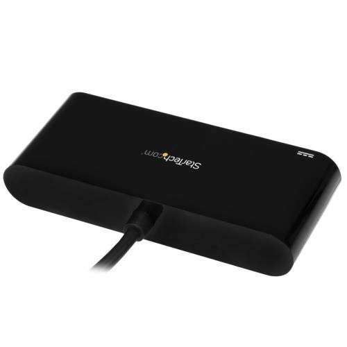 USB-C接続ギガビット有線LANアダプタ　3ポートUSB3.0ハブ搭載　ブラック　1個 接続ポートが正面に配置されたアダプタの全体像