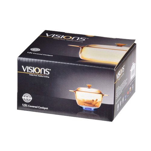 VISIONS クックポット1.5L パール金属 透明な素材で作られた鍋が正面から映し出されており、取っ手とふたがグレーでデザインされている様子。