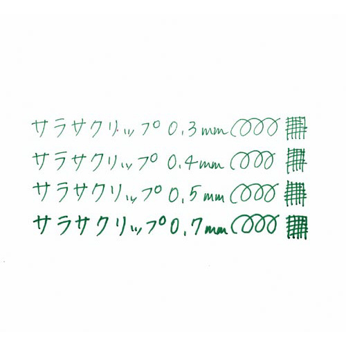 サラサクリップ 0.3mm ビリジアン 先端が細く尖ったクリップが側面から見える状態