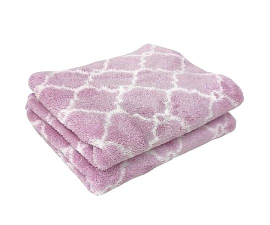 マイクロファイバーフェイスタオル2P MF モフモフモロッカン 34×80cm PURPLE 1セット（2枚×10袋入） 広げられた二枚のタオルが重ねられた状態で、やわらかな手触りと高い吸水性が見える。