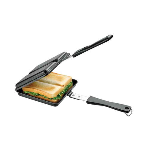 ホットサンドメーカー ホットサンドパン 両面焼き ダブル 鉄製 IH対応 ツルツルとした金属製の表面が特徴的な、持ち手付きの調理器具の上面