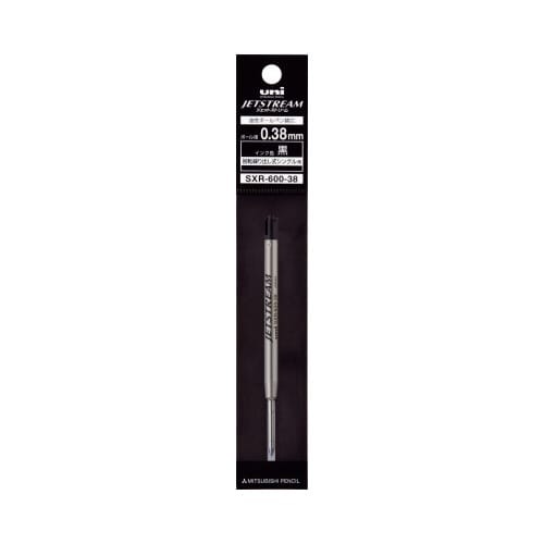 プライム回転繰出し式用替芯　0.38mm　黒 透明なパッケージに収められた替芯が横から見える状態で、サイズと色がはっきりと確認できる。