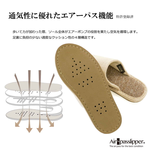 スリッパ ecru 絨毯パイル Lサイズ ベージュ 柔らかな質感のベージュのスリッパが、絨毯の上に置かれている様子