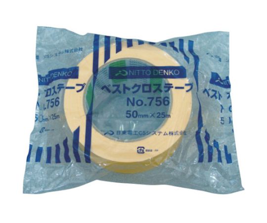 布着色テープ No.756 50mm×25m 黄 商品パッケージが斜めから見える状態、テープの色合いが鮮やかに浮かび上がる。