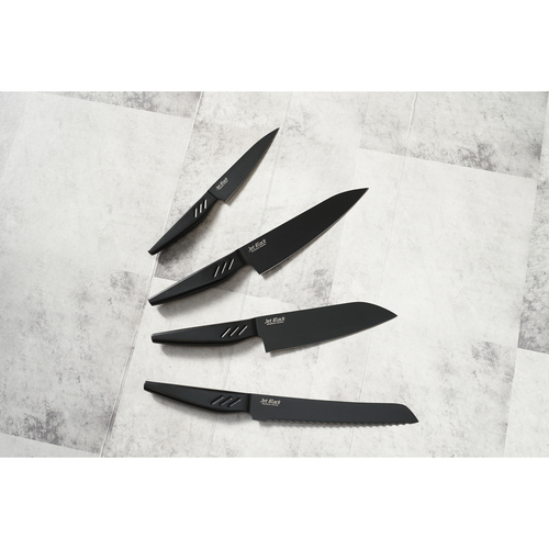 ペティナイフ　12.5cm　Jet　Black 黒いハンドルと銀色の刃を持つシンプルなデザインのナイフが横向きに配置されている様子