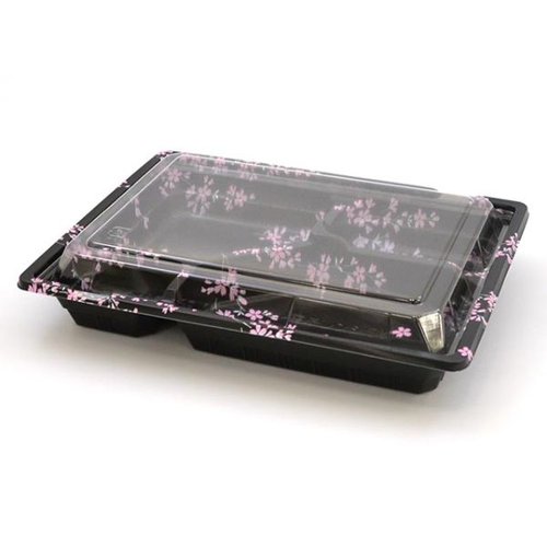 弁当容器 KIP-6 枝垂桜 セット ケーピープラテック 淡い桜模様が施された容器が整然と並ぶ様子