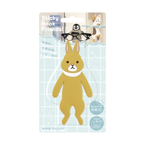 フック 吸着 スティッキーフレンズ アニマル かわいい はがせる 吸着式フック ウサギ ウサギのキャラクターが正面を向いている、明るい色合いの吸着フック