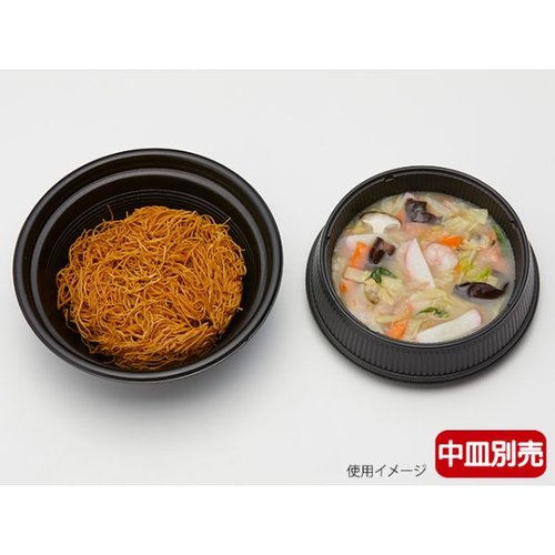 どんぶり容器 麺丼 本体 (490) 黒 リスパック 黒い陶器製の丼が上面から見える状態、全体に滑らかな質感が感じられる。