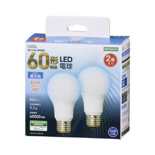 ＬＥＤ電球　Ｅ２６　６０形　全方向　昼光色　２個入画像