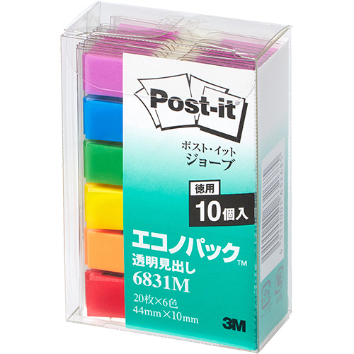 ﾎﾟｽﾄ･ｲｯﾄ ｼﾞｮｰﾌﾞｴｺﾉﾊﾟｯｸ 透明見出し44×10mm ﾚｲﾝﾎﾞｰｶﾗｰ6色 1ｾｯﾄ(60冊)画像