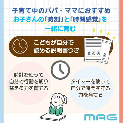 知育時計タイマー付よーめる 正面から見たカラフルなデザインとタイマー表示がある知育時計。