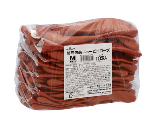 塩化ビニール手袋 まとめ買い 簡易包装ニュービニローブ（10双入） オレンジ Mサイズ 透明な手袋が10双分、オレンジ色の簡易包装で整然と並んでいる様子