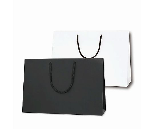 手提げ紙袋　ブライトバッグ　黒MT（マットPP貼り）　10枚 正面から撮影された黒いマット仕上げの紙袋が整然と並ぶ様子