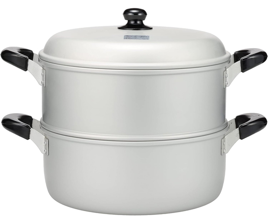楽々小町 アルマイト加工 二段蒸し器 30cm 光沢のあるアルマイト加工の二段蒸し器が整然と並んでいる様子