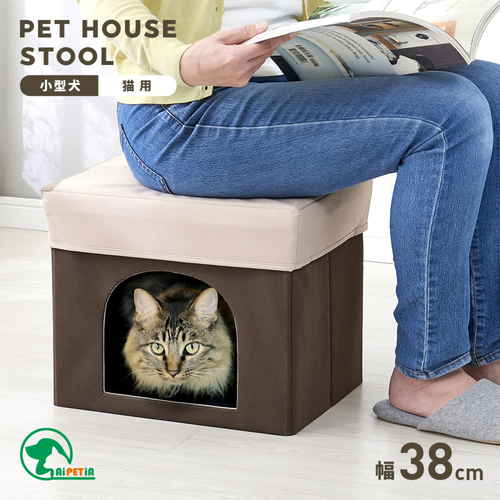 ペットハウスになるスツール 柔らかなカラーで仕上げられた、猫がくつろぐための広めの内部空間が見える状態
