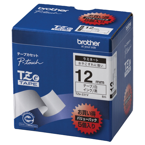 ピータッチ TZeテープ ラミネートテープ 12mm 白/黒文字 業務用パック 1パック(5個)